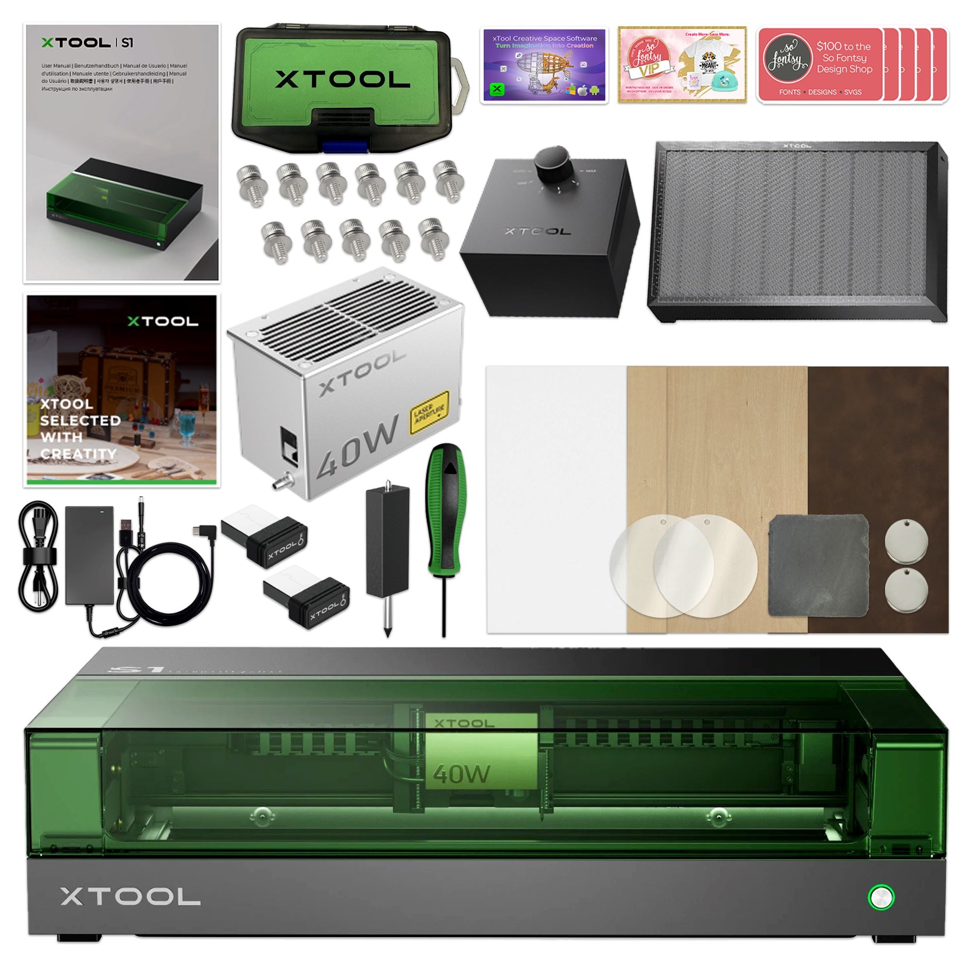 xTool S1 Laser Cutter & Engraver Machine Bundle w/ Air Assist & Honeycomb - 40W Diode Laser +$450